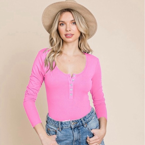 Pink henley 1/2 button long sleeve bodysuit - Picture 3 of 8